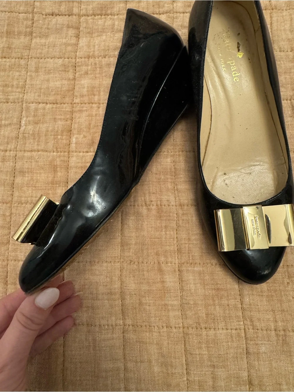kate spade New York Black Patent Leather Bow Ballet kitten heels